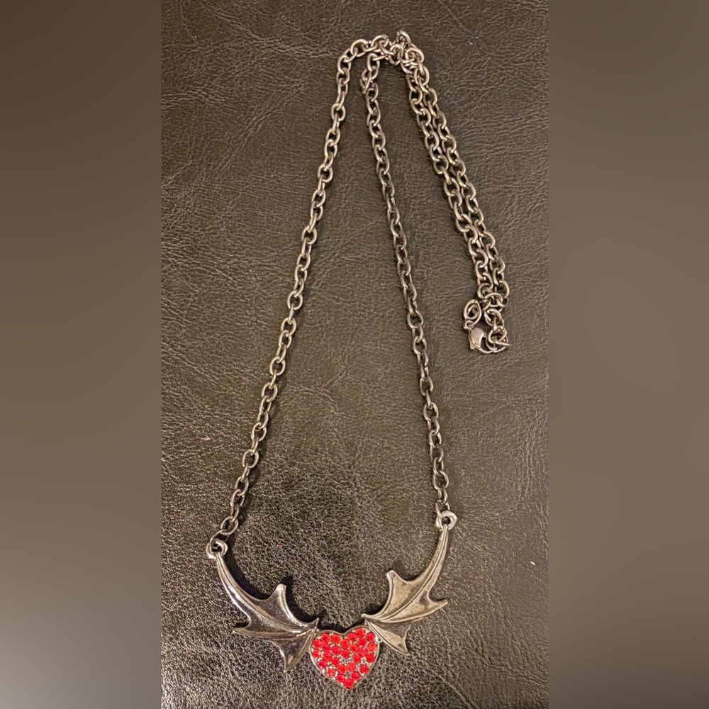 Gothic Bat Wing Red Heart Pendant Necklace
26”